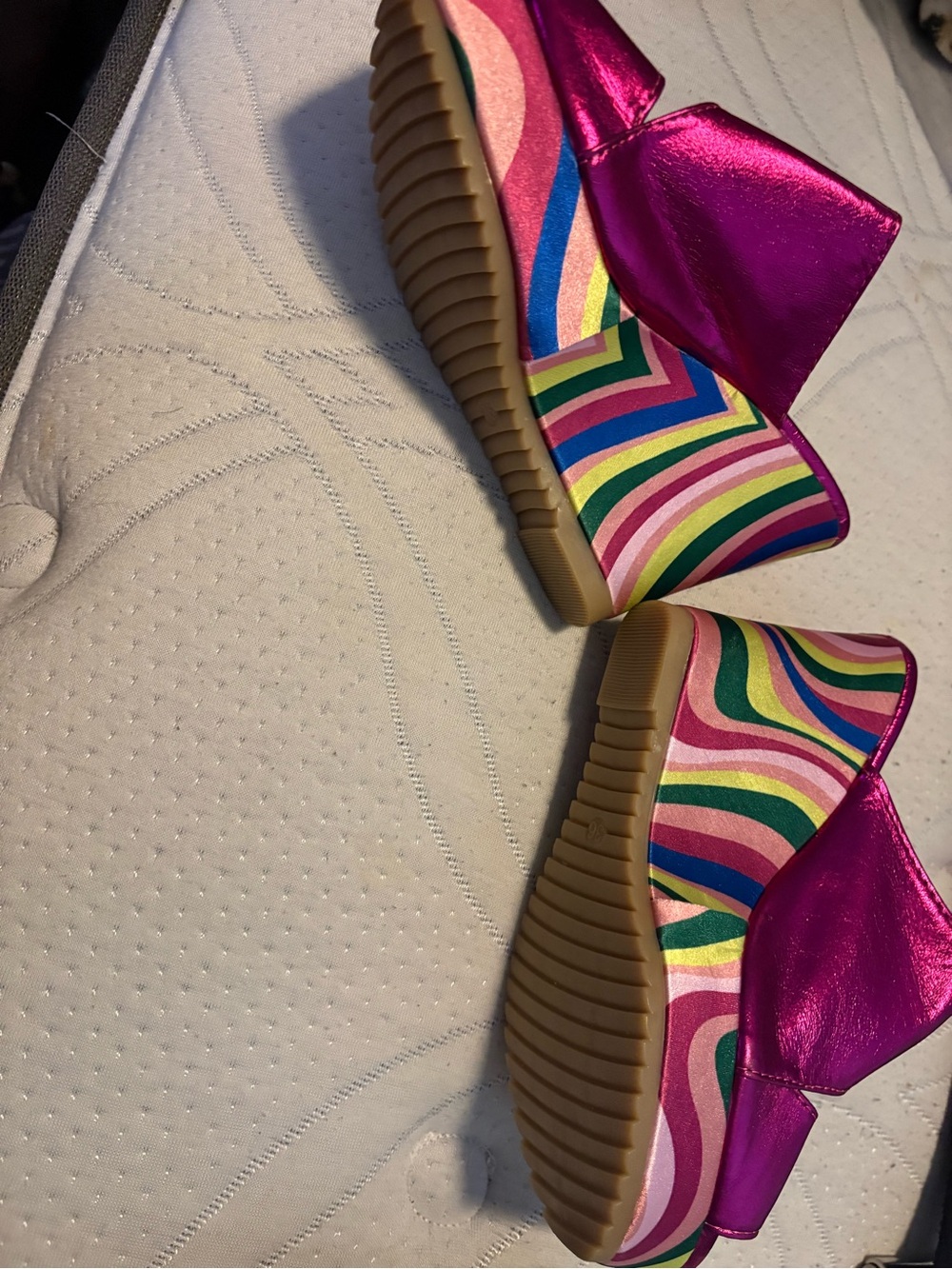 Source Unknown Metallic Fuchsia Platform Shoes with Rainbow Stripe Wedge